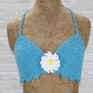HAND CRAFTED Crop Top Halter Bikini Crochet Flower Power Spring Daisy Turquoise